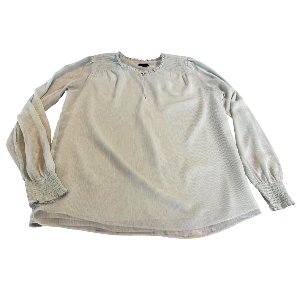 Ann Taylor Mint Green Ruffle Neck Smocked Long Sleeve Blouse Small